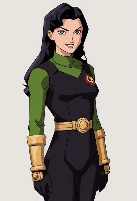 1girl, female focus, solo, Caitlin, black hair, long hair, green eyes, small breasts, turtleneck, Power Pack uniform, asymmetrical clothes, print bodysuit, green bodysuit, black bodysuit, bracers, metal bracers, belt, cowboy shot, looking at viewer, smile, v, rating_safe, simple background, white background