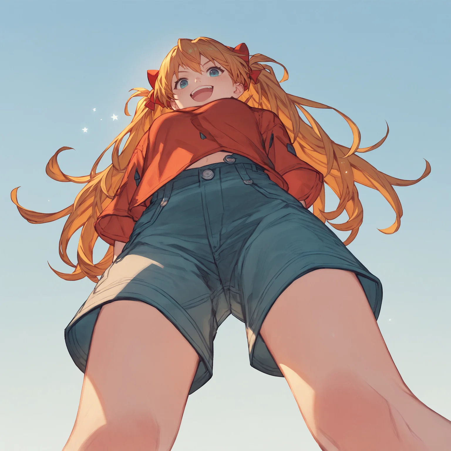 score_9,score_8_up,score_7_up,score_6_up,source_anime,souryuu asuka langley,solo,knees_up,from below,close-up,upper body,jumping,looking at viewer,happy,simple background,<lora:Granblue_Fantasy_Style_XLv4:1>,spread legs,