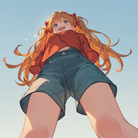 score_9,score_8_up,score_7_up,score_6_up,source_anime,souryuu asuka langley,solo,knees_up,from below,close-up,upper body,jumping,looking at viewer,happy,simple background,<lora:Granblue_Fantasy_Style_XLv4:1>,spread legs,