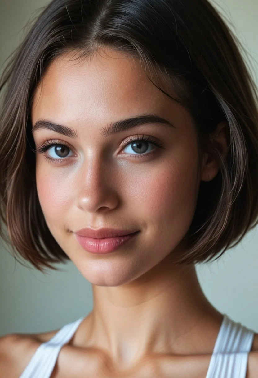 1girl,(masterpiece:1.2), (best quality:1.2), (extremely detailed), (extremely detailed face), (ultra detailed), 8k, photorealistic, cinematic lighting,black hair, black eyes, portrait photo, nikon RAW photo, 8k ,Fujifilm XT3, photorealistic, detailed face, fair skin, perfect shape, dim lighting, sexy hips, ((dynamic pose:1.4)),, (big sexy lips), thin_waist, (meaty_thighs:1.2), (transparent turtleneck), ((low waist pantyhose)), ((modern ART STYLE:1.3)), POP ART STYLE, ART STYLE, half body shot, film grain,depth of field,ferrania p30 film,shadows,35mm photo, grainy, vignette, vintage, ferrania p30 film,shadows,natural saggy breast, (nipples protrude:0.5), wide hips, bob cut, smile