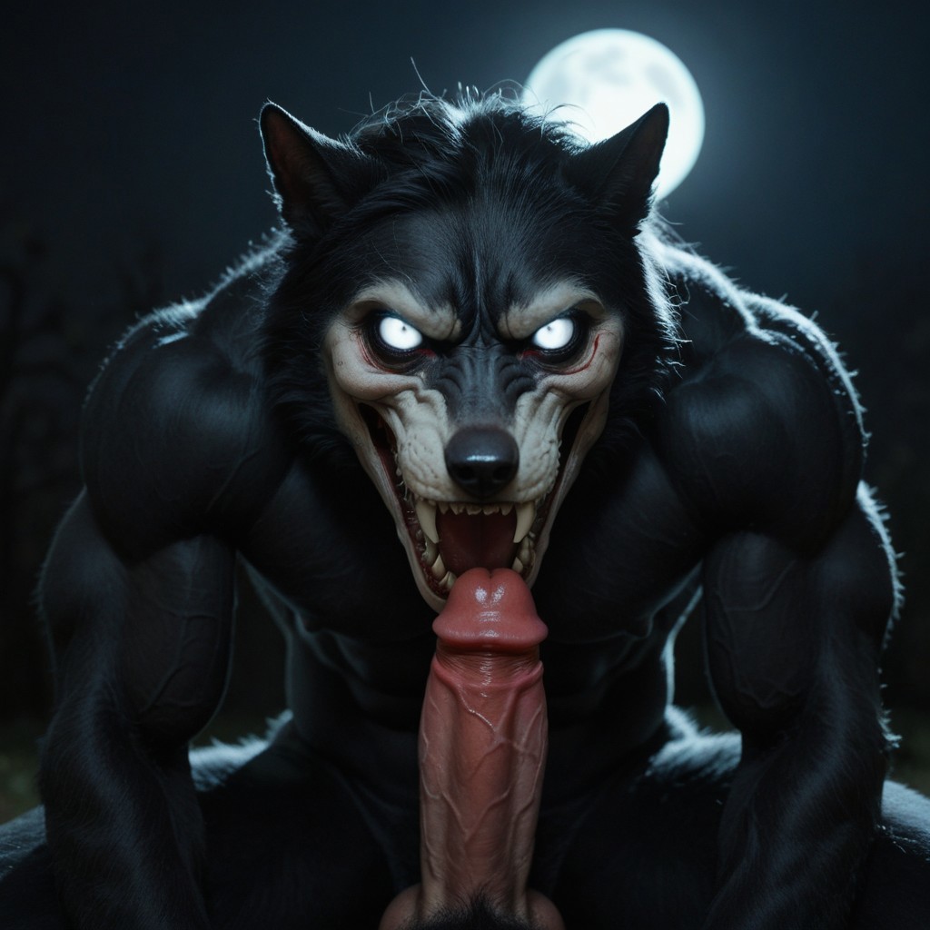 horror movie, still ,anime_source ,black furry, werewolf ,photo ,score_9_up ,score_8_up, score_7_up, action scene ,movie still ,no humans ,open mouth teeth, wolf looking at viewer realistic glowing solo glowing eyes black background horror (theme) animal focus animal sharp teeth white eyes fangs realistic nsfw muscular male muscular penis large pectorals male focus abs nipples pectorals bara best quality masterpiece 4k uncensored prefect lighting rating_explicit horror very aesthetic, black fur, showdow, moon,