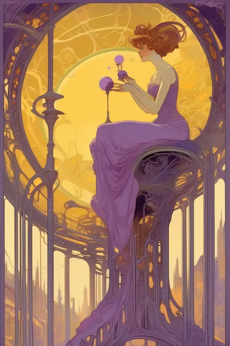 <lora:Luc Schuiten Style:1>Luc Schuiten Style - Incorporate Franois Schuiten's signature blend of art nouveau and science fiction elements and painting style. Purple and yellow color palette. It is night. Make it romantic. Extremely detailed.