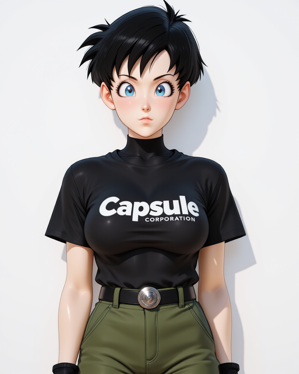 Photorealistic image of <lora:Dragon_Ball_Z_-_Videl-000020:1> dbz-videl she has black (Spiky Short Hair) with piercing crystal blue eyes, the image shows her in full body view,
Wearing a fitted black t-shirt with a bold capsule corporation logo on the chest, paired with loose green cargo pants secured with a black belt featuring a silver buckle, her feet clad in sturdy black combat boots, fingerless gloves covering her hands, her short hair styled sleek with side-swept bangs, giving her a tough yet casual look