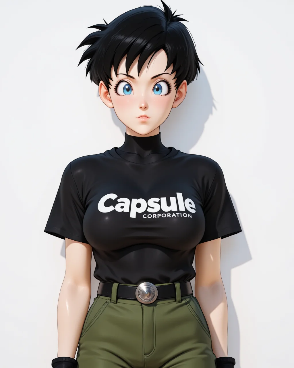 Photorealistic image of <lora:Dragon_Ball_Z_-_Videl-000020:1> dbz-videl she has black (Spiky Short Hair) with piercing crystal blue eyes, the image shows her in full body view,
Wearing a fitted black t-shirt with a bold capsule corporation logo on the chest, paired with loose green cargo pants secured with a black belt featuring a silver buckle, her feet clad in sturdy black combat boots, fingerless gloves covering her hands, her short hair styled sleek with side-swept bangs, giving her a tough yet casual look