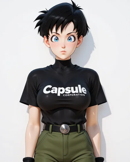 Photorealistic image of <lora:Dragon_Ball_Z_-_Videl-000020:1> dbz-videl she has black (Spiky Short Hair) with piercing crystal blue eyes, the image shows her in full body view,
Wearing a fitted black t-shirt with a bold capsule corporation logo on the chest, paired with loose green cargo pants secured with a black belt featuring a silver buckle, her feet clad in sturdy black combat boots, fingerless gloves covering her hands, her short hair styled sleek with side-swept bangs, giving her a tough yet casual look