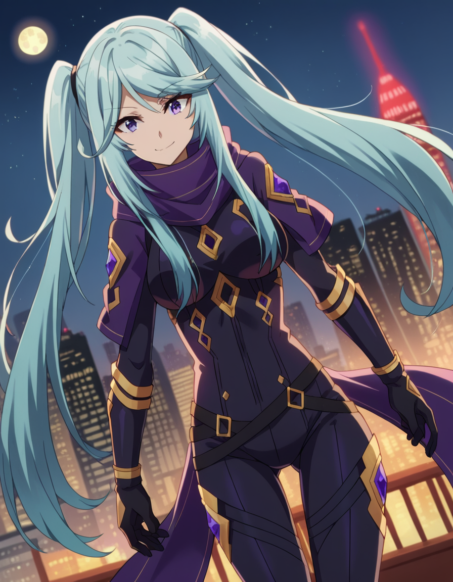 score_9, score_8_up, score_7_up, source_anime,
shadowepsilon, <lora:shadow-epsilon-ponyxl-lora-nochekaiser:1>,
epsilon, long hair, twintails, blue hair, purple eyes, sidelocks, smile,
bodysuit, scarf, purple scarf, gloves, black gloves,
outdoors, cityscape, night, moon,
looking at viewer, cowboy shot, dutch angle,