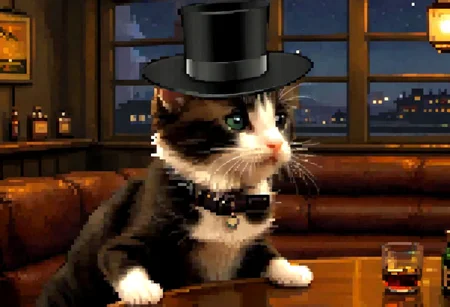 (pixel-art), modeltrue, houdinicat, best quality, 4k, hd, a cat with a black top hat in a bar looking nostalgic smoking a cigar, indoors, instrument, (1cat), silly_cat, standing, window, table , bottle, hat, smile, looking_at_viewer, scenery, guitar, chair, night, glasses, curtains, lantern, depth_of_field, realistic, couch, shadow, choker, jacket, light, fire, open_clothes, profile, low light, ray tracing, melancholic, dutch_angle