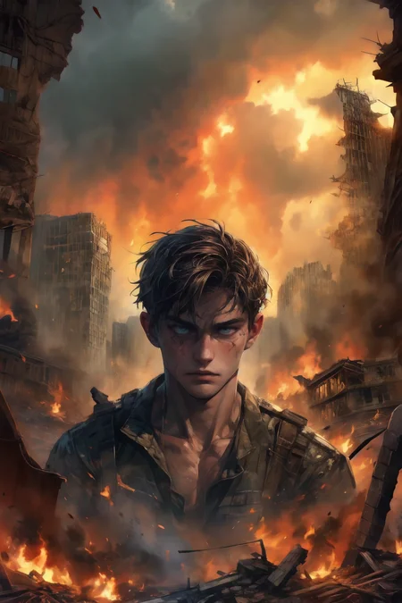 Wasteland Style, war, ruins, flames of war, tragic, miserable, portrait, 1boy, 20 years old, handsome, (Clear and sincere eyes:1.2), shirtless,
<lora:add_detail:1>, <lora:Wasteland:1>,<lora:çµå½±ï¼æµ·æ¥_1:1>