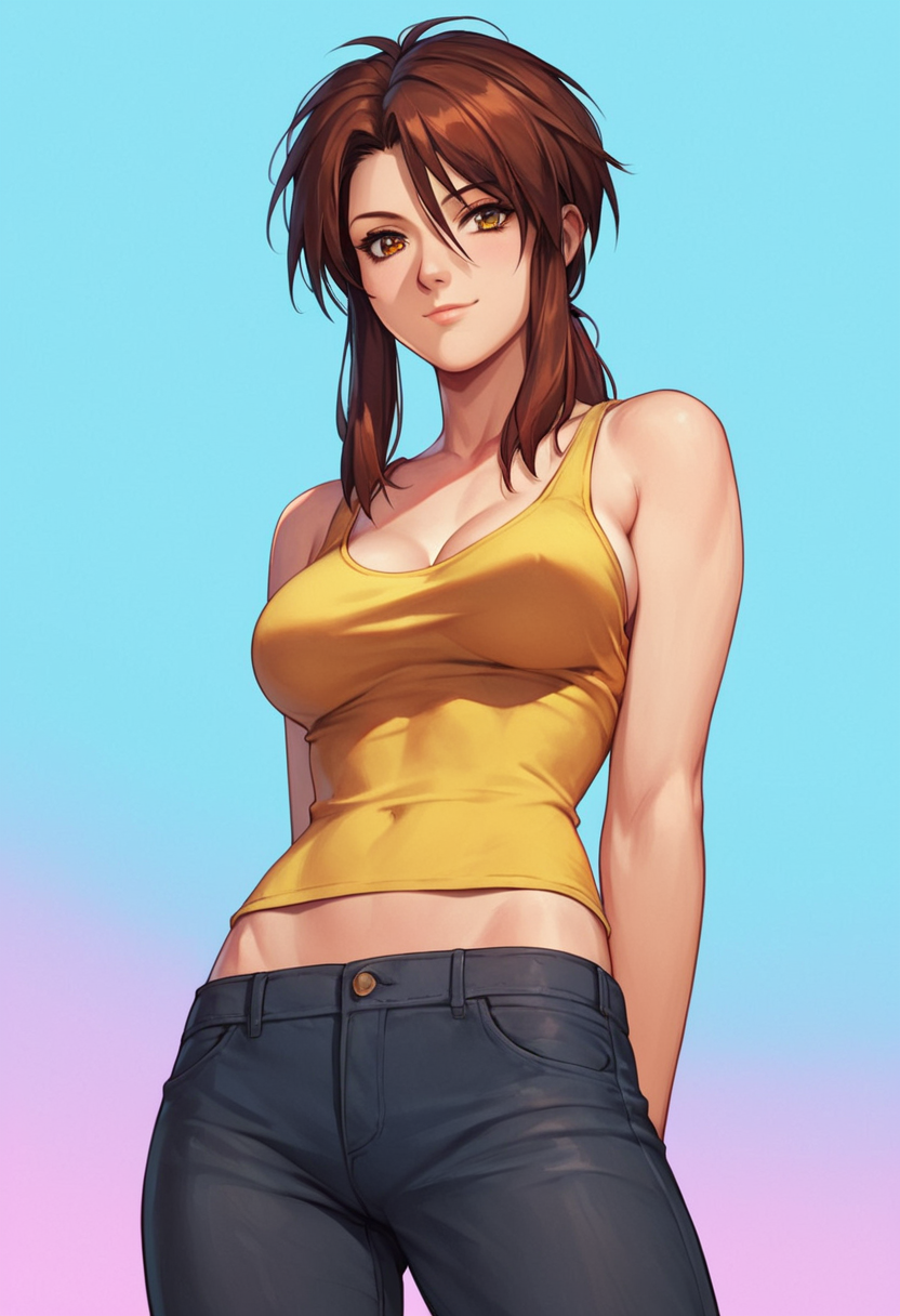 score_9, score_8_up, score_7_up, score_6_up, 1girl, solo, Priss, oversize yellow tank top, underwear, sidelocks, detailed eyes, perfect face, perfect eyes, sexy, sexy girl, beautiful eyes, petite body, medium breasts, standing, arms behind back, posing, light smile, simple background, from below, dynamic angle  <lora:Priss Asagiri _ Bubblegum Crisis Tokyo 2040_epoch_10:1>