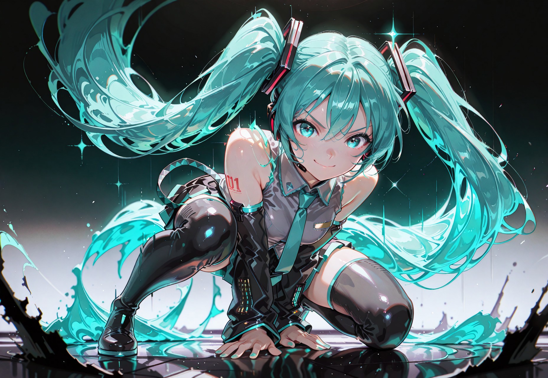 1girl, hatsune miku (vocaloid), aqua eyes, aqua hair, aqua nails, twintails, very long hair, flowing hair, glowing hair, hair focus, detached sleeves, black sleeves, aqua trim, bare shoulders, collared shirt, sleeveless shirt, pleated skirt, grey shirt, necktie, black thigh boots, sparkling aura, number tattoo, superhero landing, looking ahead, on one knee, arm back, looking at viewer, >:), sidelighting, painterly, glitch art, gradient background, two tone background, masterpiece, best quality, good quality, very awa, very aesthetic, absurdres, newest, ckym 