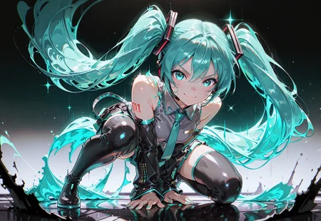 1girl, hatsune miku (vocaloid), aqua eyes, aqua hair, aqua nails, twintails, very long hair, flowing hair, glowing hair, hair focus, detached sleeves, black sleeves, aqua trim, bare shoulders, collared shirt, sleeveless shirt, pleated skirt, grey shirt, necktie, black thigh boots, sparkling aura, number tattoo, superhero landing, looking ahead, on one knee, arm back, looking at viewer, >:), sidelighting, painterly, glitch art, gradient background, two tone background, masterpiece, best quality, good quality, very awa, very aesthetic, absurdres, newest, ckym