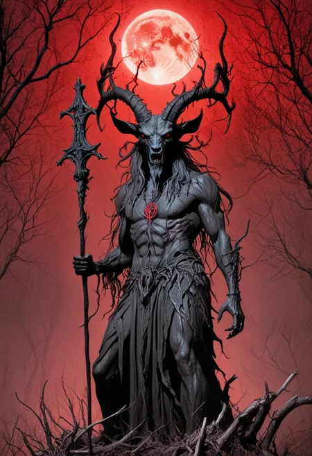 In a clearing surrounded by tall ancient oaks, the dark mage Baphomet, Satan's goat, raises his staff, carved from a twisted branch, towards the blood-red harvest moon. Dark energy pulses from the staff, twisting through the air. His smirk reveals sharp teeth.
450 dpi, 4K resolution, alcohol ink splatter, perfectly calibrated composition, rule of thirds