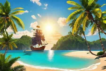 a pirate ship anchored at a beach, waving palm trees. afternoon sun, blue sky, calm sea, no people, Drawn in the style of InCasestyle, prt, PiRe
