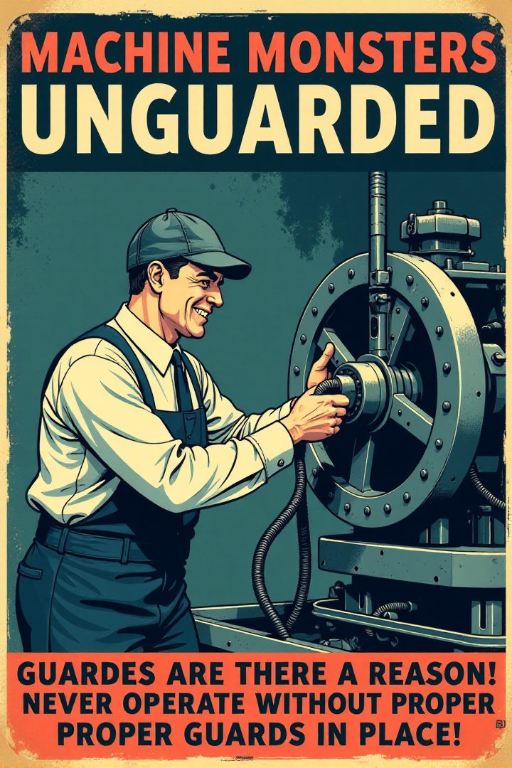 "Vintage safety sign illustration of a worker operating a large, dangerous-looking machine with all the machine guards completely removed or bypassed.  He is happily feeding his tie into moving gears and ignoring exposed blades and belts spinning dangerously close to his hands.  He has a blissful, carefree expression, completely unaware of the imminent danger of entanglement.  The sign text in bold, vintage lettering cries out: 'MACHINE MONSTERS UNGUARDED!  GUARDS ARE THERE FOR A REASON!  NEVER OPERATE WITHOUT PROPER GUARDS IN PLACE!' Render in a stark, slightly unsettling vintage cartoon style, contrasting the worker's oblivious happiness with the clearly dangerous unguarded machinery. Use a color palette that emphasizes the cold, metallic nature of the machinery (greys, blues) and warning reds for danger zones around the unguarded moving parts. Visually stunning vintage cartoon, direct machine guarding safety message, high detail in machine components and the worker's dangerous disregard for safety." <lora:REMEs_War_Poster_Style:0.9> In REME's War Poster Style,âââ