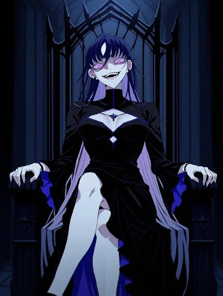 <lora:Ado_Usseewa_Style:1>  usseewastyle
1girl,solo,
 <lora:Medeia_Beliar:0.4> Medeia Beliar, purple hair, long hair, bangs, hair between eyes, purple eyes, jewelry, erarings, black dress, 
dark throne room, sitting, crossed legs,  evil smile, glowing eyes,
masterpiece,best quality,amazing quality,
