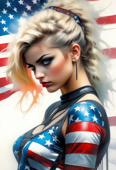 close up, 8k, HDR, RGB, oil paint, watercolor, Masterpiece acrylic painting, full body, (Style of Apollonia Saintclair, Casey Baugh, Rolf Armstrong) ,fine details, highly detailed blonde teen female, (cyberpunk style undercut multi-coloured hair) transparent translucent American USA flag cocktail dress, wrap gladiator heels,