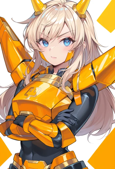 (score_9:0.9),score_8_up,score_7_up,rating:explicit,anime_style,(zPDXL),<lora:Sky striker ace - raye ponyXL v4.1:0.73>,sky striker ace - raye,yellow power armor,yellow headgear,yellow gloves,1girl,solo,white background,crossed arms,looking at viewer,v-shaped eyebrows,