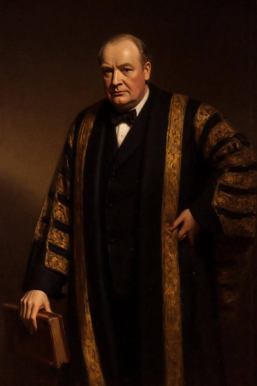 frankowensalisbury1 painting.
Winston Churchill, a middle-aged English man, is dressed in a black suit, white shirt, bow tie, and a robe with gold embroidery. He has one hand resting on the spine of a leather-bound book, and the other hand resting on his hip. The background is a plain, dark brown. <lora:frankowensalisbury1_cap_d8a4:1.0><lora:863247231585665002:0>