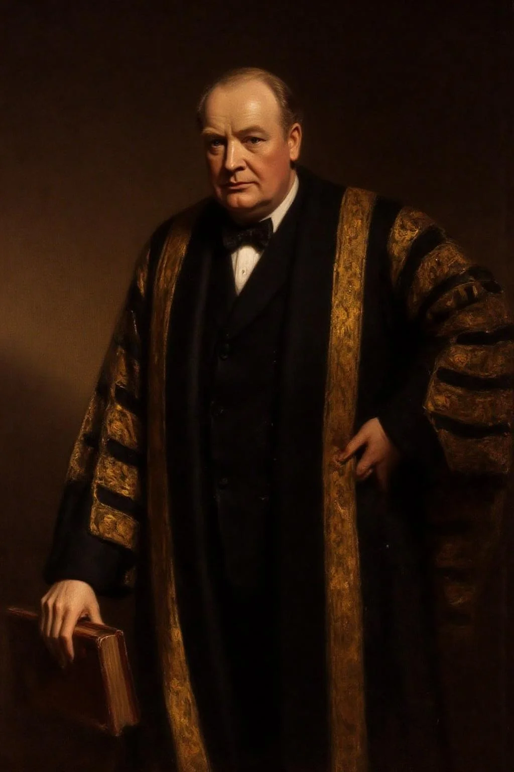 frankowensalisbury1 painting.
Winston Churchill, a middle-aged English man, is dressed in a black suit, white shirt, bow tie, and a robe with gold embroidery. He has one hand resting on the spine of a leather-bound book, and the other hand resting on his hip. The background is a plain, dark brown. <lora:frankowensalisbury1_cap_d8a4:1.0><lora:863247231585665002:0>