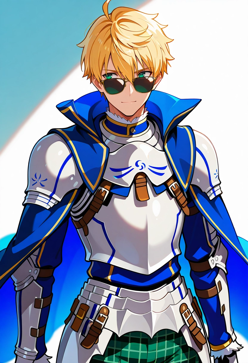 masterpiece, best quality, intricate details, , , 1boy, solo, male focus, <lora:arthur_pendragon_fate_ilxl:1>, arthur_pendragon_fate, blonde hair, green eyes, short hair, ahoge, hair between eyes, bangs, armor, breastplate, gauntlets, pauldrons, shoulder armor, blue cape, , , Plaid golf pants, DeepTurquoise Thermal Henley shirt, , , Sunglasses