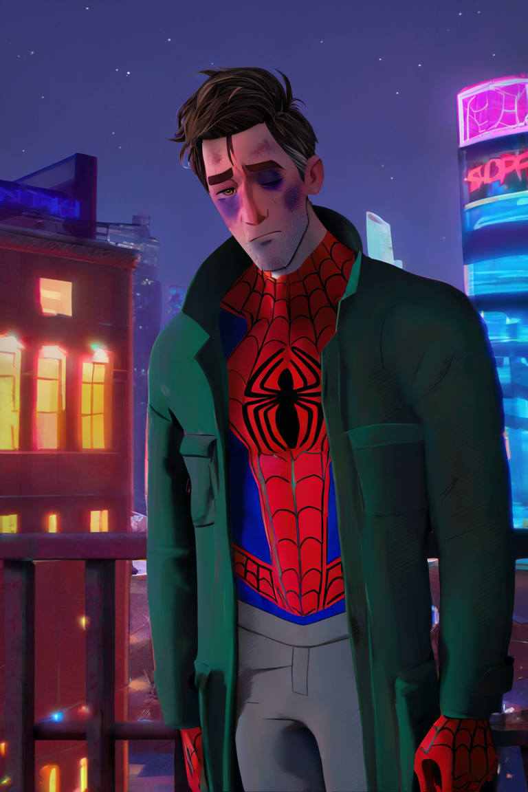 masterpiece, best quality, highres, newest, peterbparker, spider-man, 1boy, solo, male focus, mature male, short hair, brown hair, multicolored hair, brown eyes, thick eyebrows, facial hair, stubble, print bodysuit, spider web print, spider print, red bodysuit, blue bodysuit, two-tone bodysuit, green coat, trench coat, grey pants, looking at viewer, sad, standing, upper body, bruise, bruise on face, bruised eye, one eye closed, night, night sky, outdoors, city, building <lora:Spider-Man (Peter B. Parker) v1.1 Updated [LoRA] - NoobAI-XL EPS 1.0:0.8>