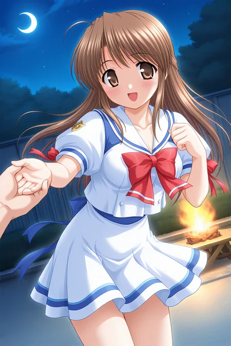 masterpiece, best quality, absurdres, official art, official style, rating general BREAK <lora:fujiedahonami_IL_v1-5:0.7>, fujieda honami, 1girl, solo, brown eyes, yellow eyes, brown hair, grey hair, ahoge, bangs, very long hair, half updo, medium breasts BREAK school uniform, night, open mouth, solo focus, moon, smile, blush, outdoors, crescent moon, pov hands, pov, serafuku, dutch angle, :d, looking at viewer, out of frame, emblem, white skirt, 1boy, outstretched hand, night sky, puffy short sleeves, red bowtie, white shirt, blue line skirt, miniskirt, white sailor collar, red ribbon, white dress, (dancing:1.2), bonfire, high contrast, glowing at backlighting, school, floating hair, wind lift, waist ribbon, blue ribbon, dynamic pose, from below