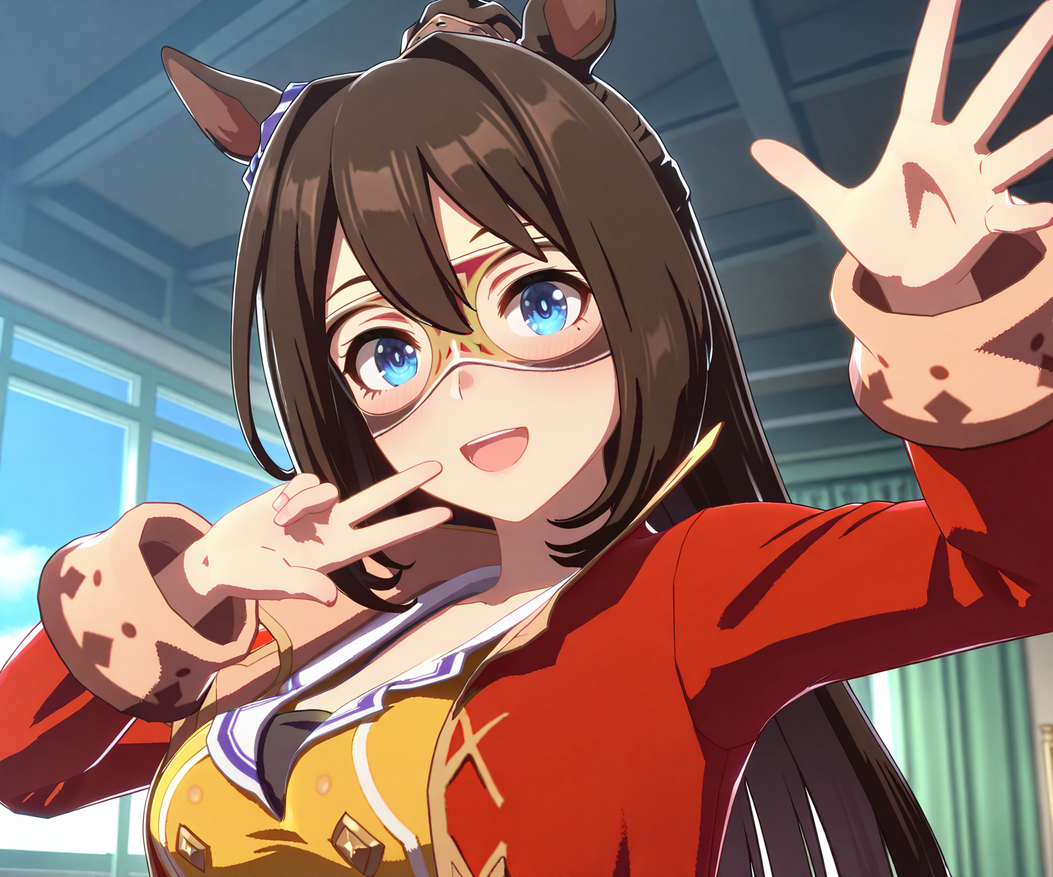 masterpiece, best quality, amazing quality, , 1girl, solo,  looking at viewer,  smile, open mouth,  <lora:El Condor Pasa in game style 3D ILL-v2:1.2> ummsmingame, 3d, el condor pasa \(umamusume\),