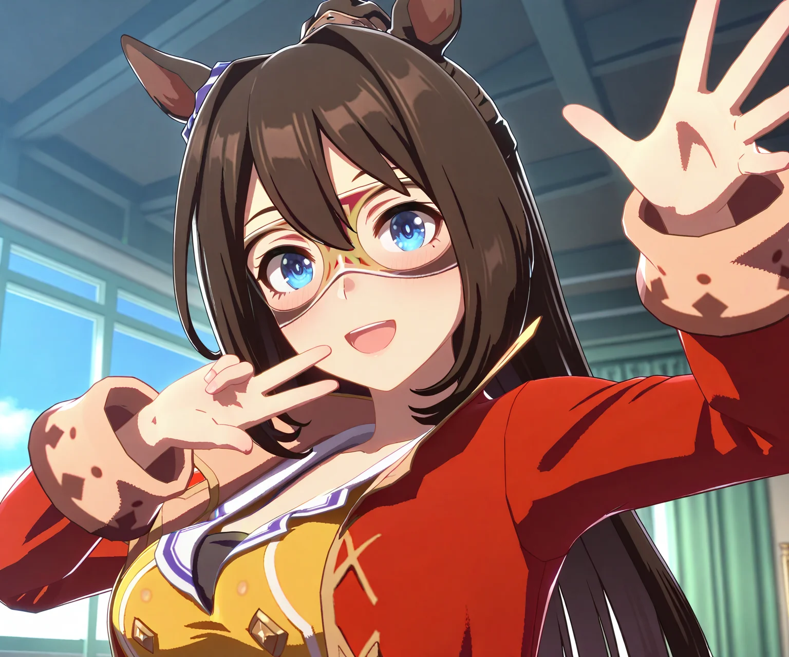 masterpiece, best quality, amazing quality, , 1girl, solo, looking at viewer, smile, open mouth, <lora:El Condor Pasa in game style 3D ILL-v2:1.2> ummsmingame, 3d, el condor pasa \(umamusume\),