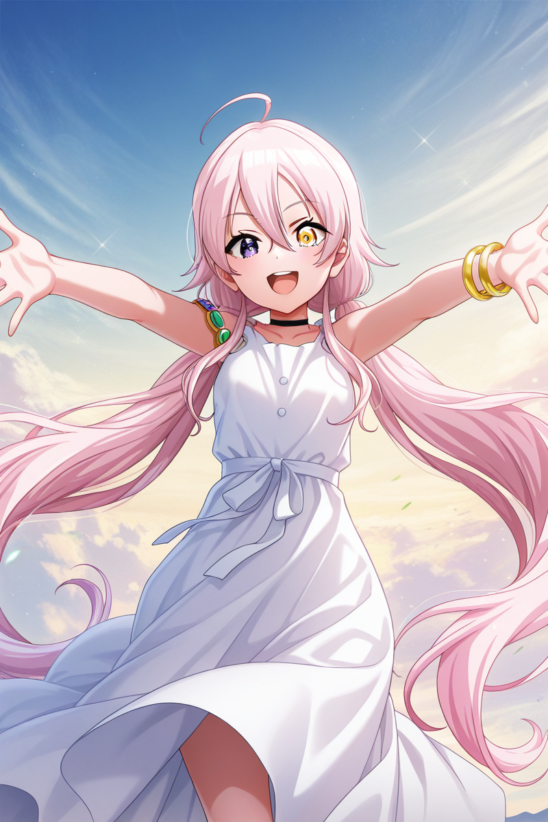 masterpiece, best quality, amazing quality,
 <lora:Lumina_IL:1> lumina, 1girl, heterochromia, long dress, long hair, pink hair, solo, yellow eyes, white dress, outstretched arms, looking at viewer, smile, twintails, ahoge, jewelry, sleeveless, sleeveless dress, open mouth, bracelet, sky, bangs, purple eyes, low twintails, very long hair, hair between eyes, choker