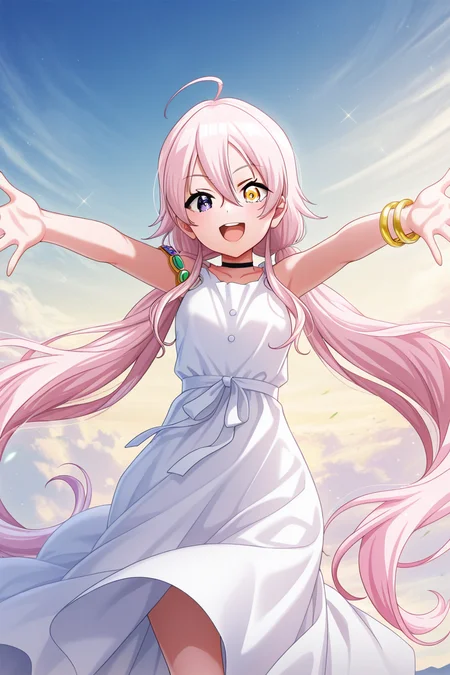 masterpiece, best quality, amazing quality,
<lora:Lumina_IL:1> lumina, 1girl, heterochromia, long dress, long hair, pink hair, solo, yellow eyes, white dress, outstretched arms, looking at viewer, smile, twintails, ahoge, jewelry, sleeveless, sleeveless dress, open mouth, bracelet, sky, bangs, purple eyes, low twintails, very long hair, hair between eyes, choker