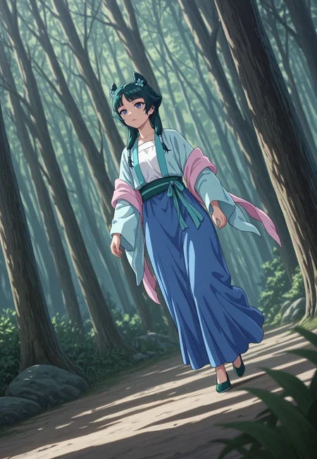 masterpiece, best quality, amazing quality, very aesthetic, absurdres, dynamic angle, ultra-detailed, highly detailed, cinematic lighting, realistic shading, intricate details, soft lighting, high contrast, depth of field, perspective, full body, outdoors, day, forest, ADTHMao2, 1girl, green hair, blue eyes, flat chest, pink lipstick, THhairstyle, official alternate hairstyle, hair horns, low twintails, white hair tubes, hair over shoulder, parted bangs, blue hair flower,
official alternate costume, duijin ruqun, pink hagoromo, blue daxiushan, long sleeves, wide sleeves, jacket tucked in, white hezi, blue ribbon, green sash, blue long skirt, green flats