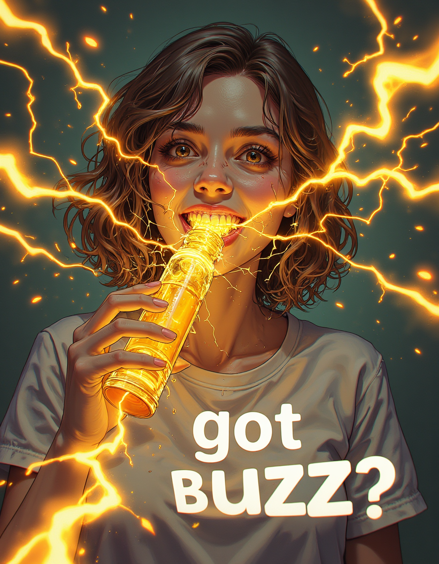 score_9, score_8_up, score_7_up, score_6_up, score_5_up, score_4_up, a woman drinking yellow lightning and thunder from a battery, looking at viewer, looking at camera, happy, with a large white text "got buzz?" in the bottom of the image