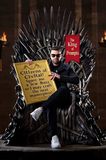 A self-proclaimed 'King of Prompts' lounges with effortless swagger on the legendary Iron Throne, its jagged, asymmetrical mass of twisted swords forming an imposing silhouette around him. Dressed in stylish modern casual attire—a fitted designer jacket, sleek sneakers, and dark sunglasses—he radiates both confidence and defiance. In one hand, he holds an ornate royal decree that boldly declares, 'Citizens of Civitai! Spare me a few Buzz so I may craft the next masterpiece!' Behind him, a grand banner unfurls, emblazoned with the title 'The King of Prompts.' The throne’s weathered, dark metal glistens ominously under dramatic lighting, its sharp blades casting eerie shadows
