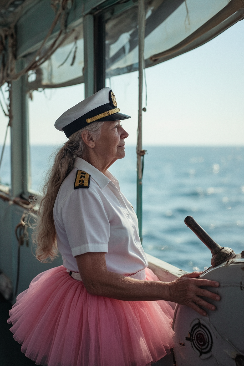 Professional beautiful and breathtaking photograph of an old ships captain in a pink tutu looking out to sea