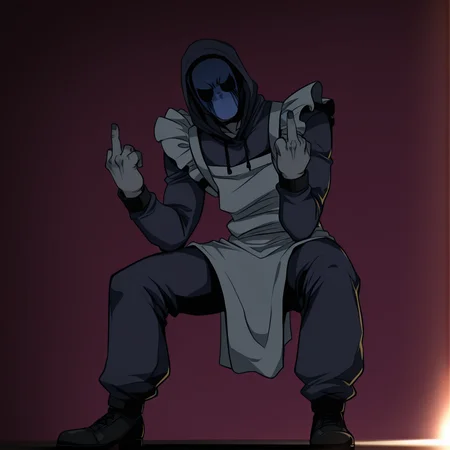 <lora:Eyeless_Jack:1> jack, hood, solo, blue mask, 1boy, male focus, grey skin, maid outfit, standing, annoyed, middle finger, masterpiece, high quality, full body, <lora:DarkerThanBlackIllustrious:1> masterpiece \(quality\), dark, dim lighting <lora:iLLMythAn1m3Style:1> mythan1m3