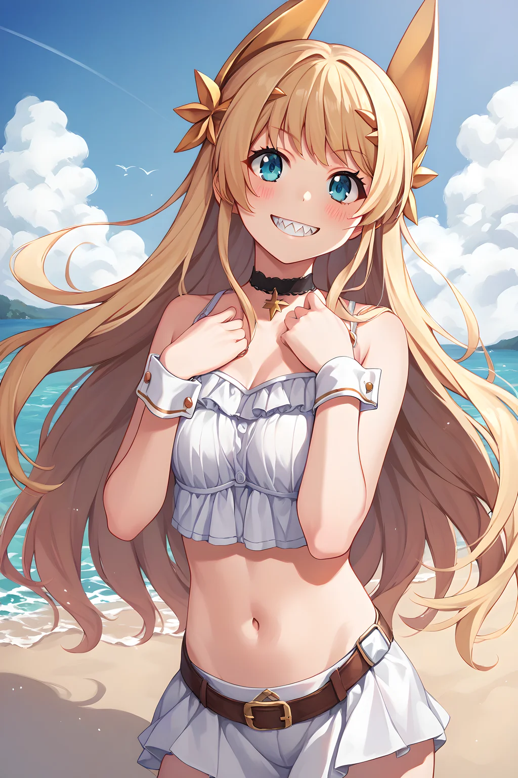 score_9, score_8_up, score_7_up, score_6_up, source_anime, tachibana_hinata, 1girl, solo, long hair, blonde hair, white background, blue eyes, beach background, sea, river, navel, breasts, brown hair, striped, wrist cuffs, small breasts, choker, blush, hair ornament, sharp teeth, grin, hands on waist, <lora:Pony-XL-TachibanaHinata:1>