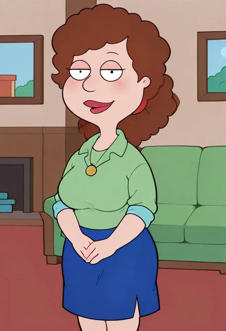score_9, score_8_up, score_7_up, score_6_up, high quality, rounded eyes, style parody, cartoon style, 1girl, solo, living room, couch, indoors,
BREAK
unnamed girl, brown hair, black eyes, (mature female:1.5), (plump:1.2), large breasts, gigantic hips, green sweater, rolled up sleeves, blue skirt, stockings, own hand together, blush, smile, looking at viewer, long skirt, half-closed eyes, necklace,
