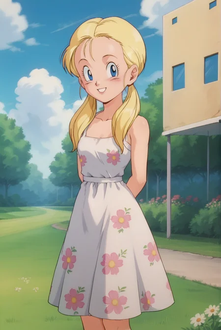 score_9, score_8_up, score_7_up, score_6_up, score_5_up, score_4_up, BREAK source_anime, 1girl, solo,
<lora:HarronXL-v1-07:0.7>, ChopioHarron, long hair, blue eyes, blonde hair, twintails, hair tie, hair over shoulders, looking at viewer,
retro artstyle,
outdoors, park, grass, flowers, blue sky, clouds, standing, smile
sun dress, floral print, bare shoulders, arms behind back, see-through silhouette,