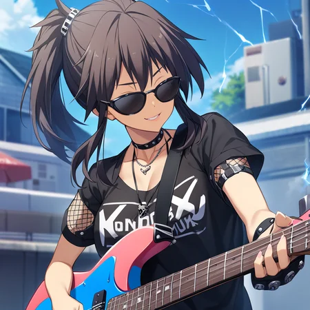 1girl, yuzuri, memories off 8, solo, sunglasses, punk style, electricity guitar, smoke, upper body, cool smile, day, masterpiece, best quality, highly detailed, <lora:yuzuri:1>