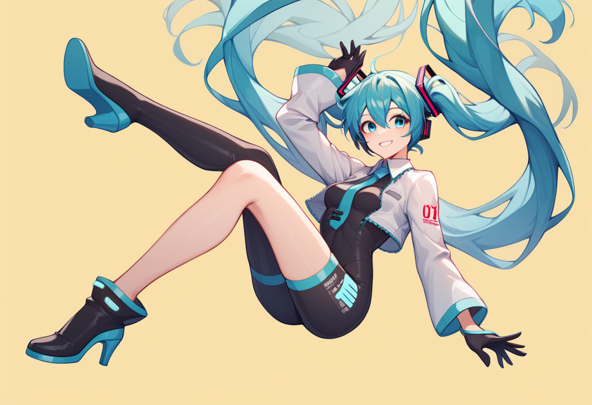 score_9,score_8_up,score_7_up,<lora:falling_pony:1>,best_falling,1girl,hatsune miku,racing miku,solo,yellow background,simple background,full body,looking at viewer,floating hair,smile,aqua eyes,hair between eyes,very long hair,long hair,aqua hair,absurdly long hair,blue hair,twintails,bangs,breasts,bodysuit,black bodysuit,gloves,thighhighs,single thighhigh,boots,cropped jacket,jacket,black gloves,white jacket,black footwear,black thighhighs,high heels,long sleeves,shoe soles,