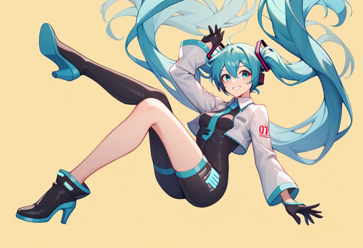 score_9,score_8_up,score_7_up,<lora:falling_pony:1>,best_falling,1girl,hatsune miku,racing miku,solo,yellow background,simple background,full body,looking at viewer,floating hair,smile,aqua eyes,hair between eyes,very long hair,long hair,aqua hair,absurdly long hair,blue hair,twintails,bangs,breasts,bodysuit,black bodysuit,gloves,thighhighs,single thighhigh,boots,cropped jacket,jacket,black gloves,white jacket,black footwear,black thighhighs,high heels,long sleeves,shoe soles,