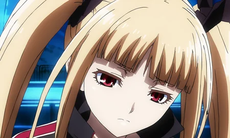 anime artwork illustrating RachelAlucardBB, 1girl, solo, long hair, bangs, blonde hair, red eyes, bow, twintails, black dress. created by japanese anime studio. highly emotional. best quality, high resolution