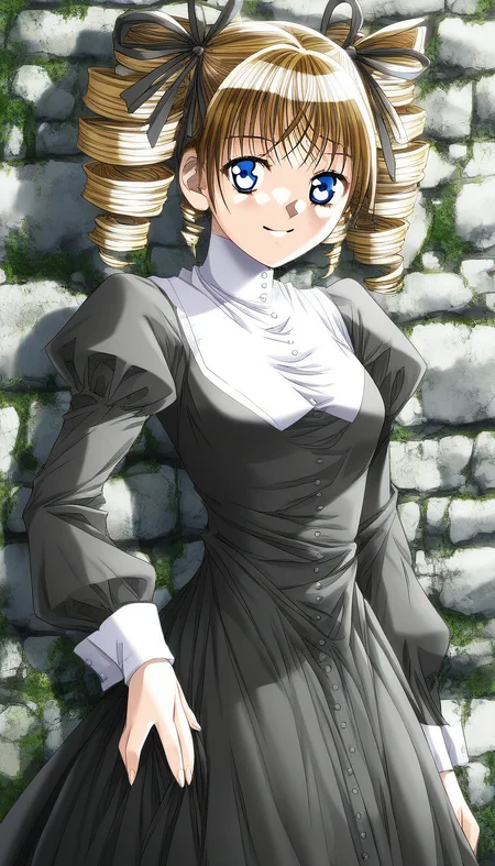 score_9, score_8_up, score_7_up, source_anime, rating_explicit, BREAK <lora:Yukiyanagi_Yuzu_XL:1> Yukiyanagi_Yuzu, drill hair, blue eyes, brown hair, blonde hair, hair ribbon, black ribbon, twin drills, small breasts,
1girl, solo, black dress, long sleeves, juliet sleeves, looking at viewer, light smile.
puffy sleeves,
stone wall, outdoor,
