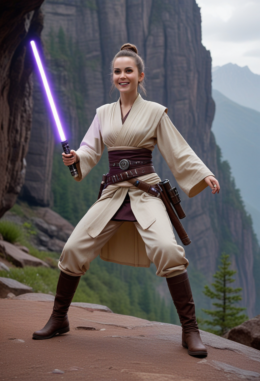 (medium full shot) of (supermodel jedi) female zabrak, top knot, wearing a lightweight Jedi tunic,rugged leather belt,ankle-length Jedi boots, meditation beads, holding lightsaber with purple blade, laughing, jumping in the air, set in  a hidden Jedi temple, concealed deep within a remote mountain range, its entrance guarded by ancient runes and mystical symbols, at twilight, Masterpiece,best quality, photorealistic, amazing quality, very aesthetic, extremely detailed face,