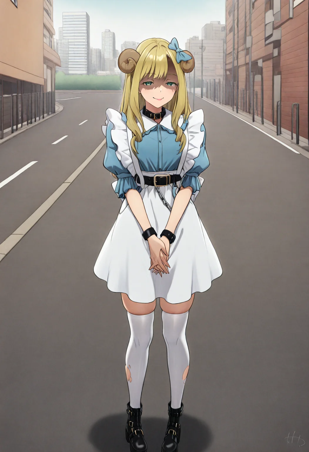 best quality, amazing quality, very aesthetic, full body, <lora:Tetto:1>, solo, 1girl, <lora:Kaoruko (Akiba Maid Sensou):1>, akibameidokaoruko, blond hair, long hair, green eyes, aqua eyes, hair bow, blue bow, sheep hair ornament, black collar, belt collar, alternate costume, jirai kei, blue shirt, puffy short sleeves, juliet sleeves, frilled shirt, frills, white neck ribbon, white skirt, high-waist skirt, suspender skirt, suspenders, chain. white thighhighs, skindentation, torn thighhighs, torn legwear, black boots, ankle boots, spiked boots, belt boots, platform boots, standing, v arms, own hands together, seductive smile, half-closed eyes, closed mouth, shaded face, yandere, looking at viewer, city, sidewalk, buildings, road, outdoors, <lora:ChamIllustriousBackgroundEnhancer:1>, <lora:Simulacrum-v12-LUXL-LOHA-lr0005-v3:1>