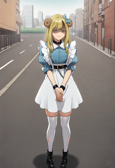 best quality, amazing quality, very aesthetic, full body, <lora:Tetto:1>, solo, 1girl, <lora:Kaoruko (Akiba Maid Sensou):1>, akibameidokaoruko, blond hair, long hair, green eyes, aqua eyes, hair bow, blue bow, sheep hair ornament, black collar, belt collar, alternate costume, jirai kei, blue shirt, puffy short sleeves, juliet sleeves, frilled shirt, frills, white neck ribbon, white skirt, high-waist skirt, suspender skirt, suspenders, chain. white thighhighs, skindentation, torn thighhighs, torn legwear, black boots, ankle boots, spiked boots, belt boots, platform boots, standing, v arms, own hands together, seductive smile, half-closed eyes, closed mouth, shaded face, yandere, looking at viewer, city, sidewalk, buildings, road, outdoors, <lora:ChamIllustriousBackgroundEnhancer:1>, <lora:Simulacrum-v12-LUXL-LOHA-lr0005-v3:1>