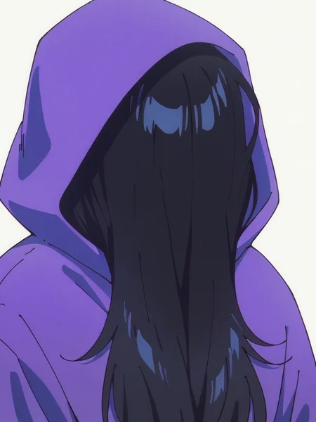score_9, score_8_up, score_7_up,
1girl, zenshu, black hair, long hair, hair over face, upper body, looking at viewer, white background, purple hoodie, hood up, hood,