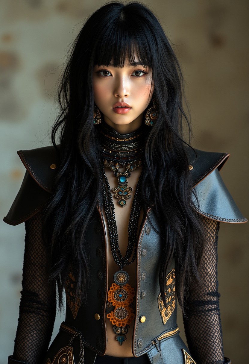 midjourney_whisper_avant_couture, Japanese woman, long hair, bangs, avant-garde leather armor, tribal necklaces and earrings, cowboy shot, photography