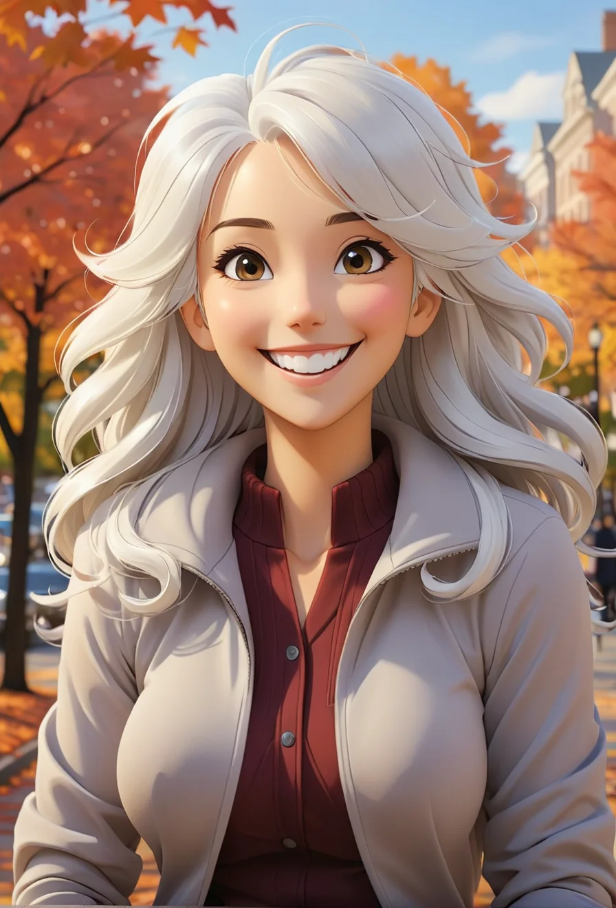 (anime niji illustration :1.3), extremely content happy smile, A fit white haired woman in Alexandria, Virginia in autumn at morning