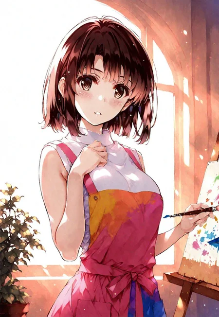 safe_pos, 1girl, misaki_kurehito_1, katou megumi, Megumi,brown hair,kato megumi,brown eyes, short hair , medium breasts, bare shoulders, narrow mouth, solo, looking at viewer, masterpiece, best quality, paint-stained overalls, loose white shirt, sleeveless , messy art studio background, colorful paint splatters, canvas easel, scattered art supplies, holding paintbrush, dab of paint on cheek, creative inspired expression, sunlight through large windows, floating dust  particles, potted plants, unfinished paintings, bohemian atmosphere, natural pose, artistic lighting, three-quarter view,(hand fix),((four fingers))